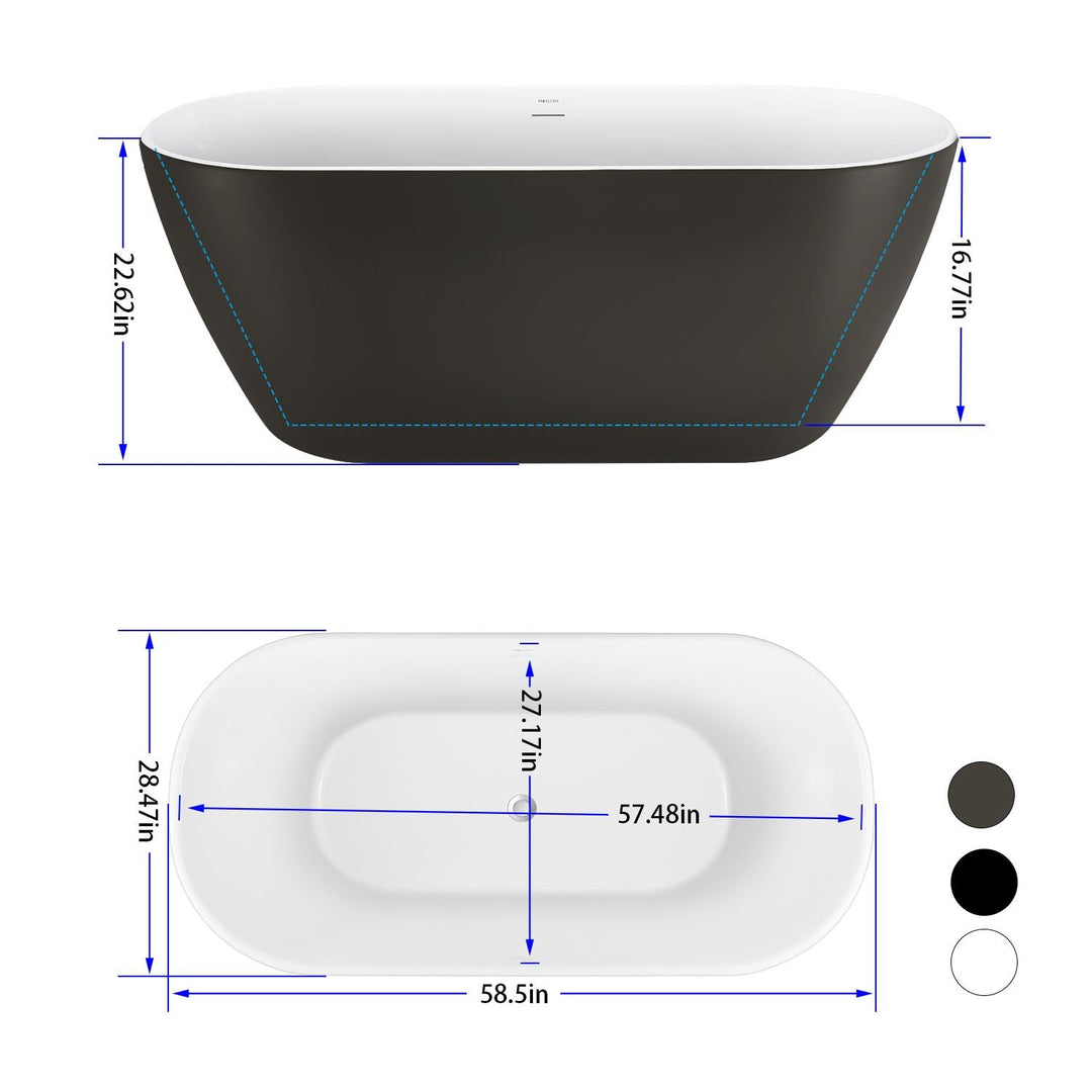 59″  Gloss Acrylic Oval Freestanding Contemporary Soaking Bathtub