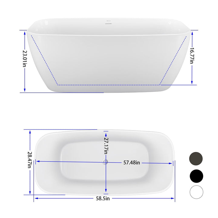 59"  Gloss White Acrylic Oval Freestanding Soaking Bathtub