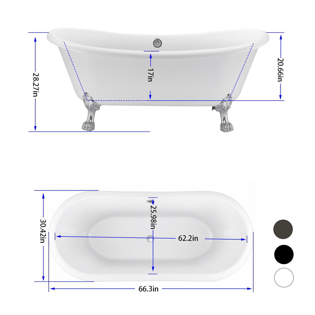 66″ Gloss Acrylic Oval Freestanding Soaking Bathtub