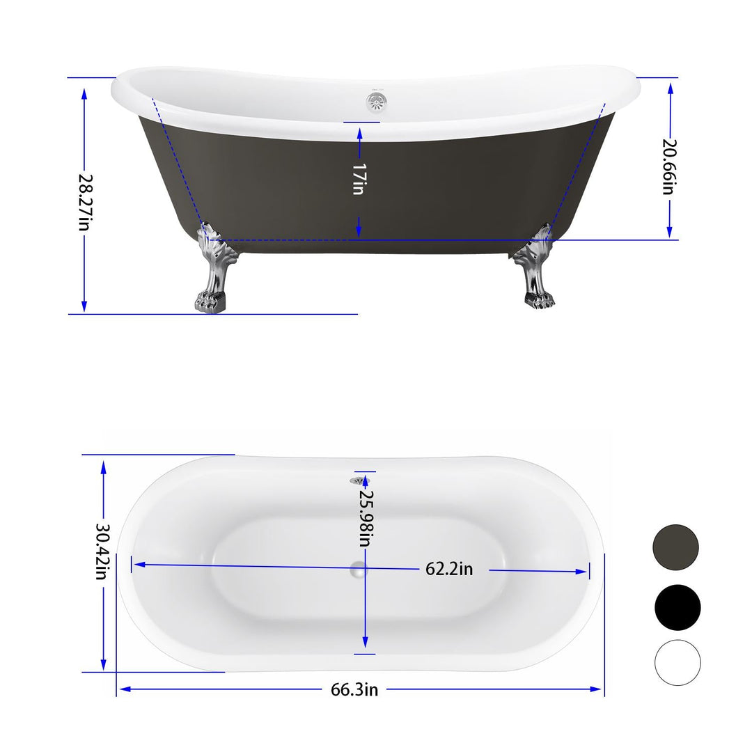 66″ Gloss Acrylic Oval Freestanding Soaking Bathtub