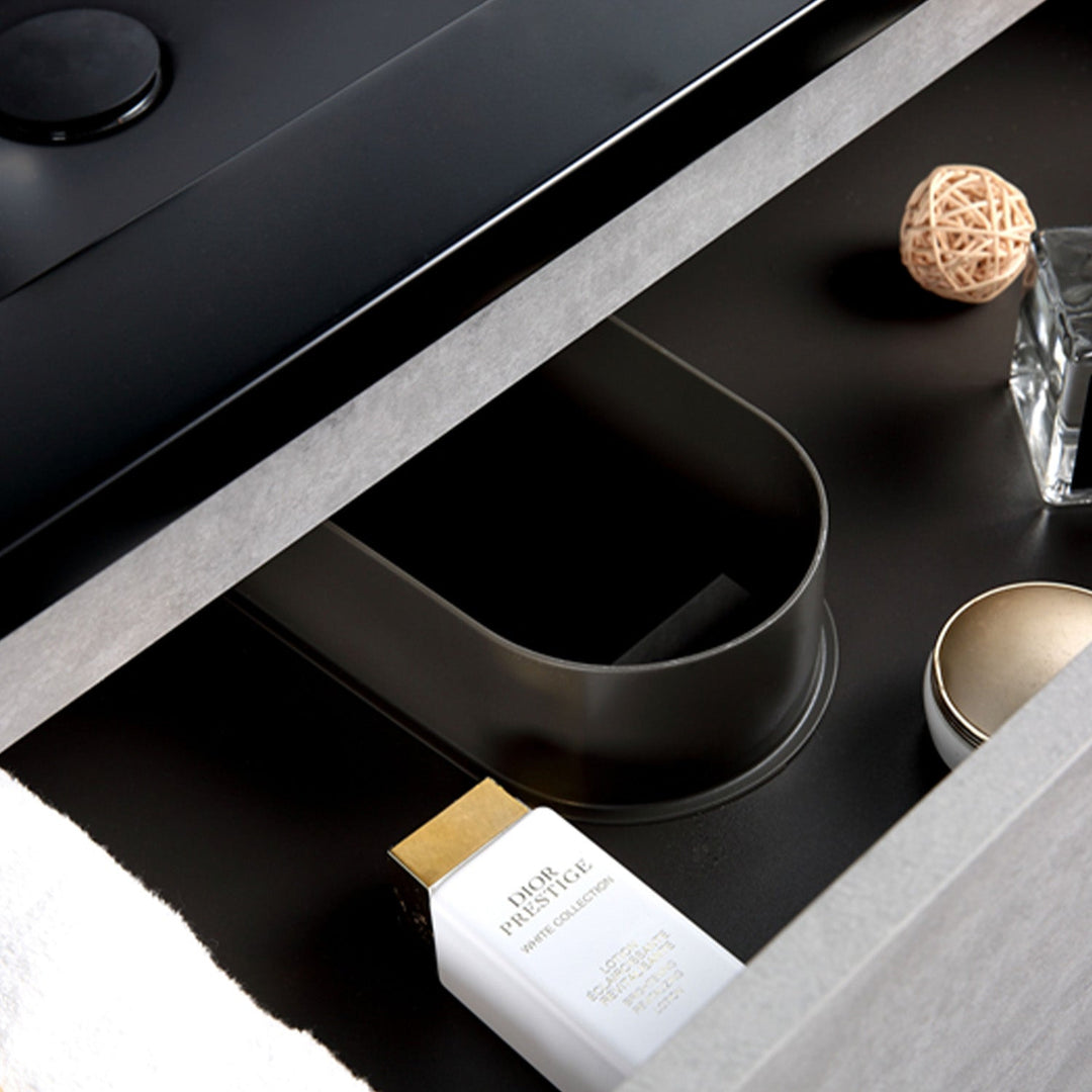 Bath Vanity in Cement Gray with Black Vanity Top with Black Basin