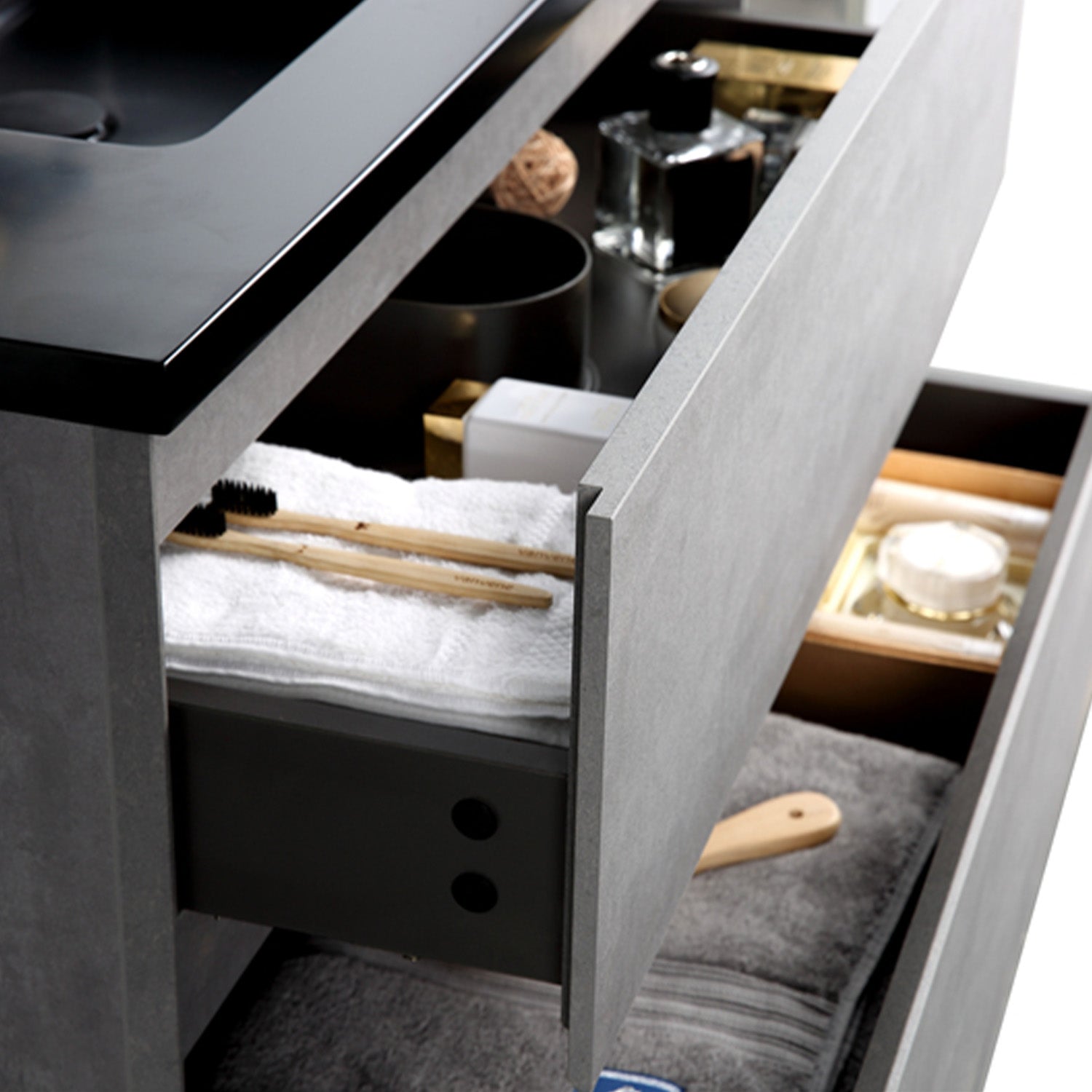 24" Bath Vanity in Cement Gray with Black Vanity Top with Black Basin