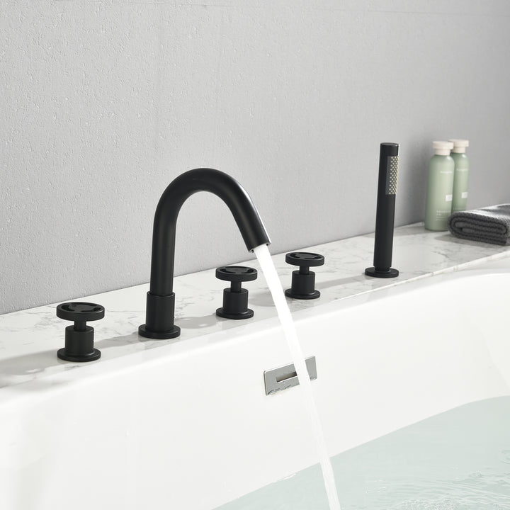 Tub Filler Waterfall Tub Faucet Deck Mount Bathtub Faucets Brass 5 Holes Bathroom Faucets with Handheld Shower Matte Black
