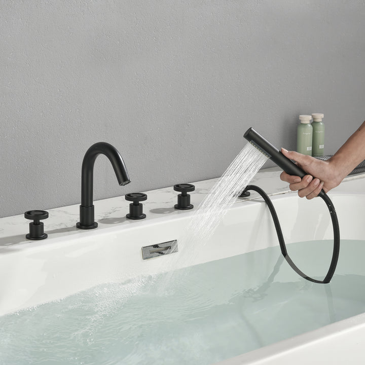 Tub Filler Waterfall Tub Faucet Deck Mount Bathtub Faucets Brass 5 Holes Bathroom Faucets with Handheld Shower Matte Black