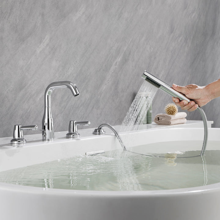Tub Filler Waterfall Tub Faucet Deck Mount Bathtub Faucets Brass 4 Holes Bathroom Faucets with Handheld Shower Chrome