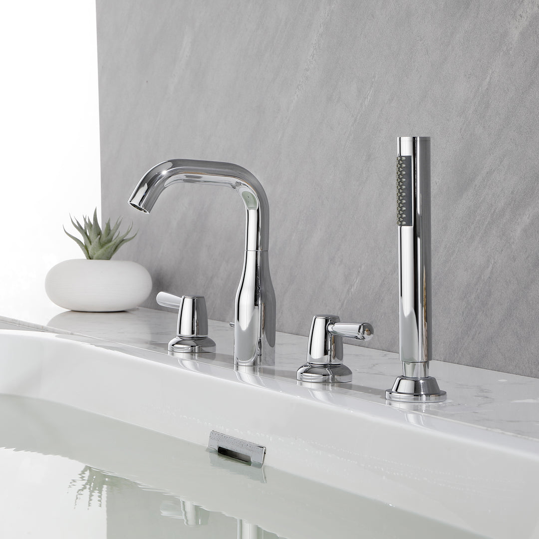 Tub Filler Waterfall Tub Faucet Deck Mount Bathtub Faucets Brass 4 Holes Bathroom Faucets with Handheld Shower Chrome