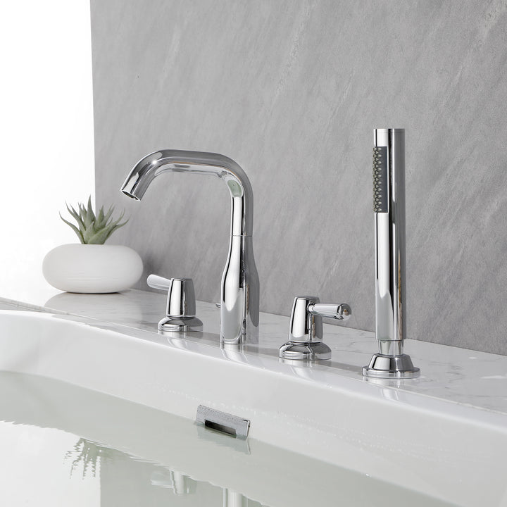 Tub Filler Waterfall Tub Faucet Deck Mount Bathtub Faucets Brass 4 Holes Bathroom Faucets with Handheld Shower Chrome