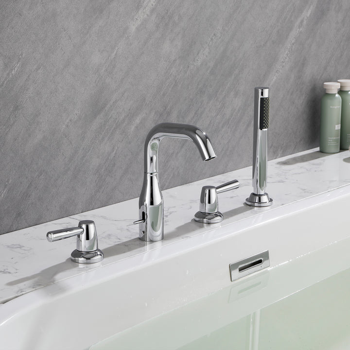 Tub Filler Waterfall Tub Faucet Deck Mount Bathtub Faucets Brass 4 Holes Bathroom Faucets with Handheld Shower Chrome
