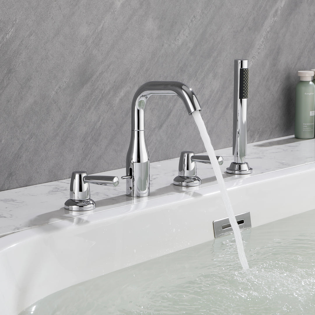 Tub Filler Waterfall Tub Faucet Deck Mount Bathtub Faucets Brass 4 Holes Bathroom Faucets with Handheld Shower Chrome
