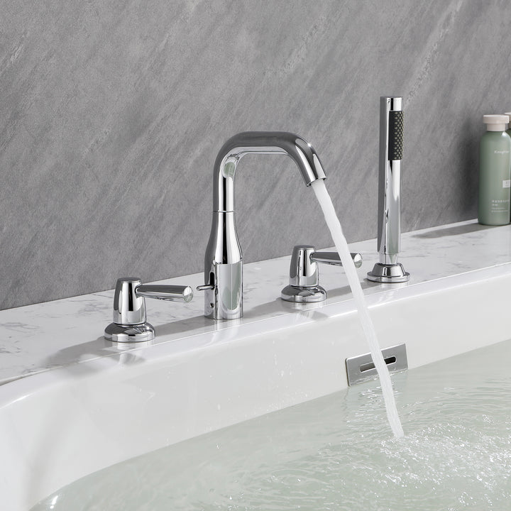Tub Filler Waterfall Tub Faucet Deck Mount Bathtub Faucets Brass 4 Holes Bathroom Faucets with Handheld Shower Chrome
