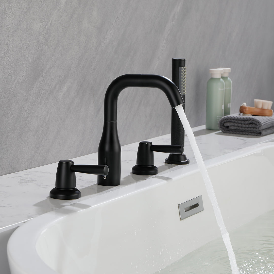 Tub Filler Waterfall Tub Faucet Deck Mount Bathtub Faucets Brass 4 Holes Bathroom Faucets with Handheld Shower Matte Black