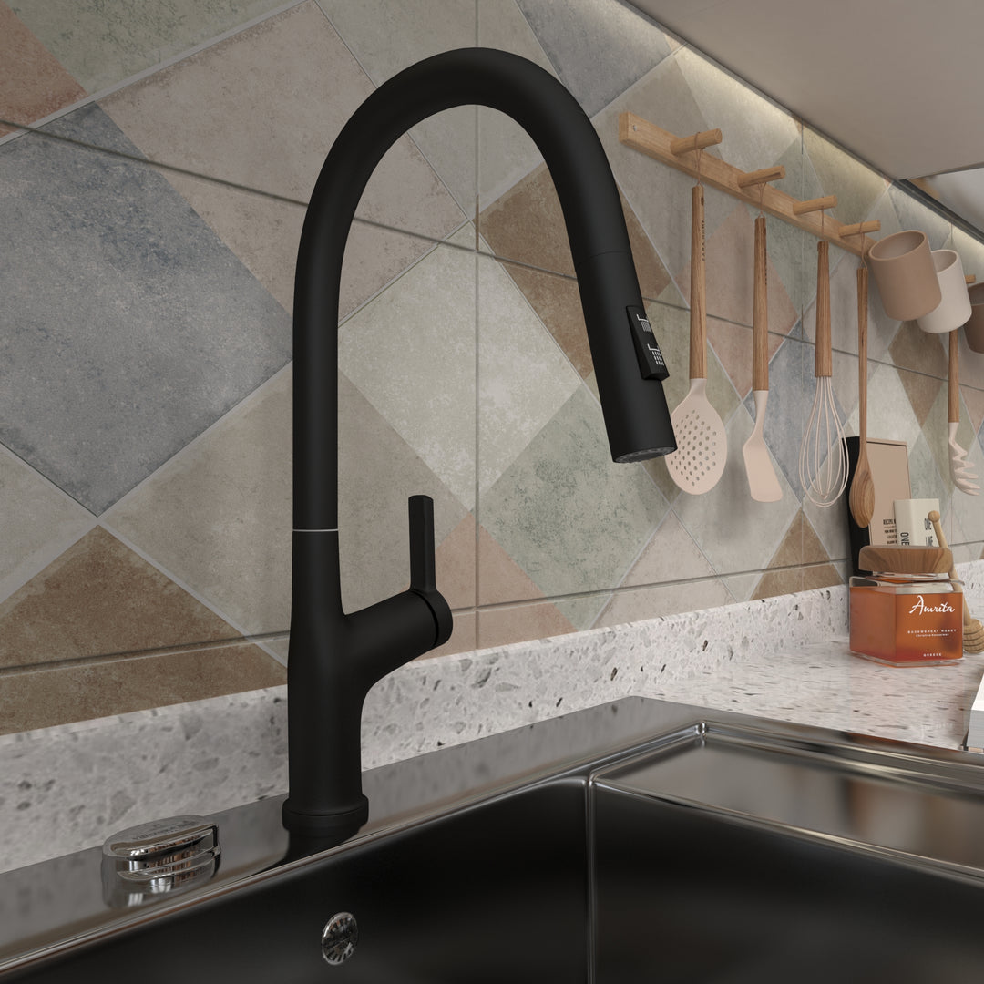 Kitchen Faucet with Pull Down Sprayer, High Arc Single Handle Kitchen Sink Faucet, Pull Out Kitchen Faucet Single Hole, Matte Black