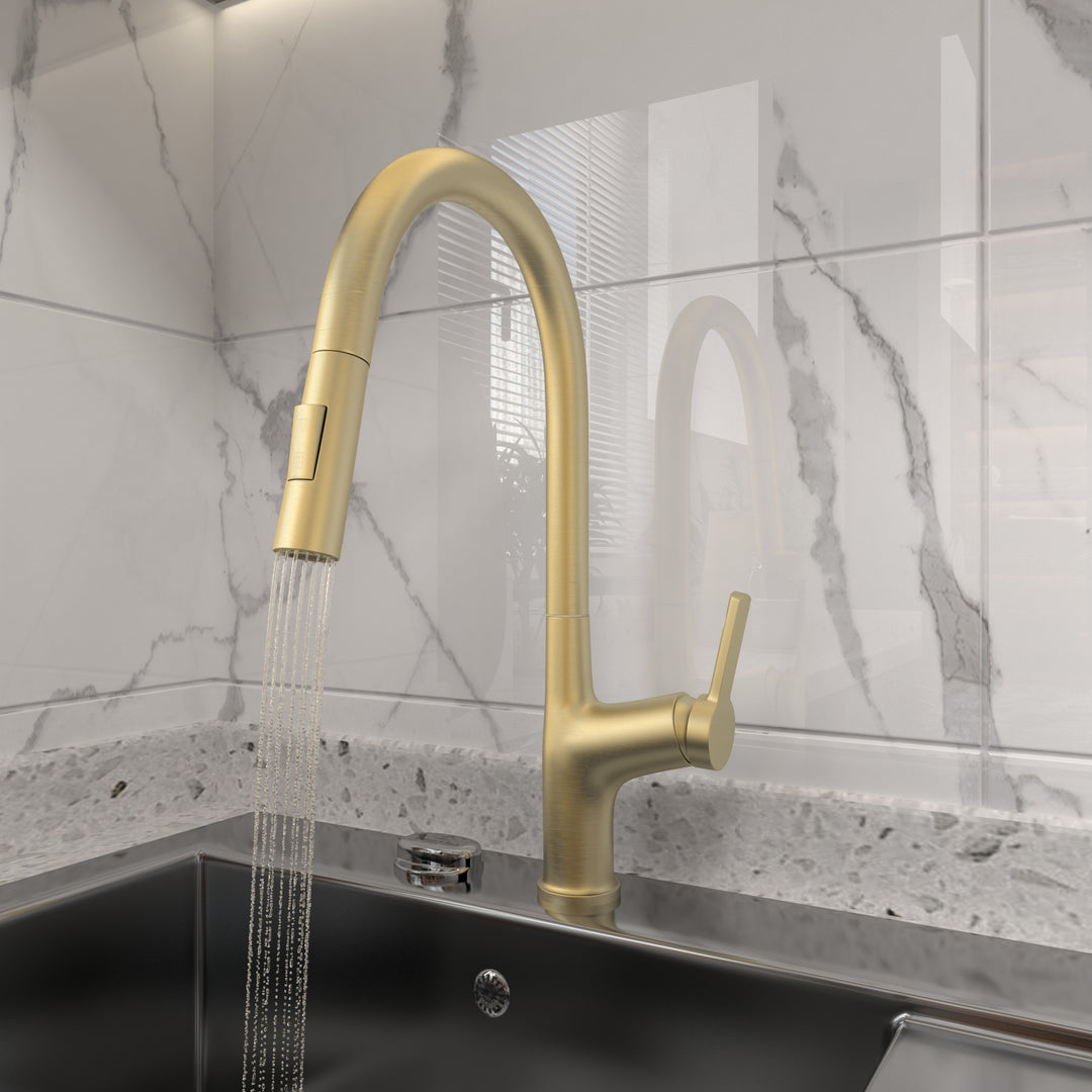 Kitchen Faucet with Pull Down Sprayer, High Arc Single Handle Kitchen Sink Faucet, Pull Out Kitchen Faucet Single Hole, Golden Brushed