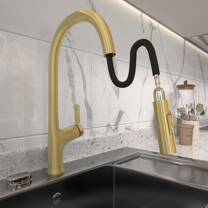 Kitchen Faucet with Pull Down Sprayer, High Arc Single Handle Kitchen Sink Faucet, Pull Out Kitchen Faucet Single Hole, Golden Brushed