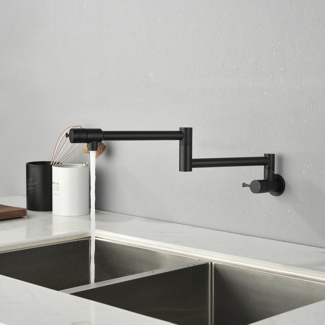 Pot Filler Kitchen Faucet with Lever Handles, Wall Mount Swing Arm Folding Pot Filler Faucet, Brass Construction, Matte black
