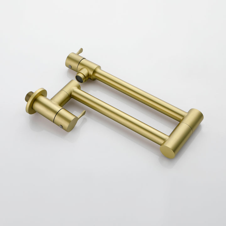 Pot Filler Kitchen Faucet with Lever Handles, Wall Mount Swing Arm Folding Pot Filler Faucet, Brass Construction, Golden Brushed