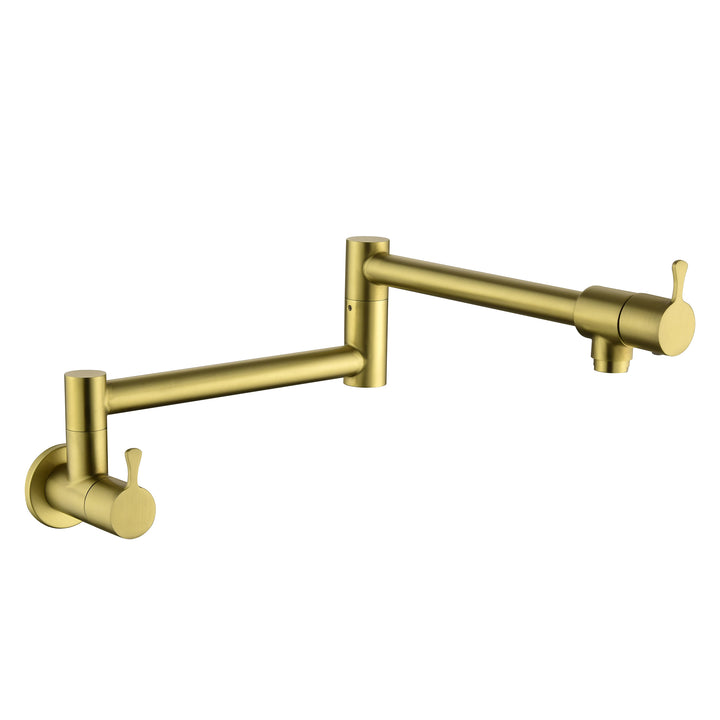 Pot Filler Kitchen Faucet with Lever Handles, Wall Mount Swing Arm Folding Pot Filler Faucet, Brass Construction, Golden Brushed