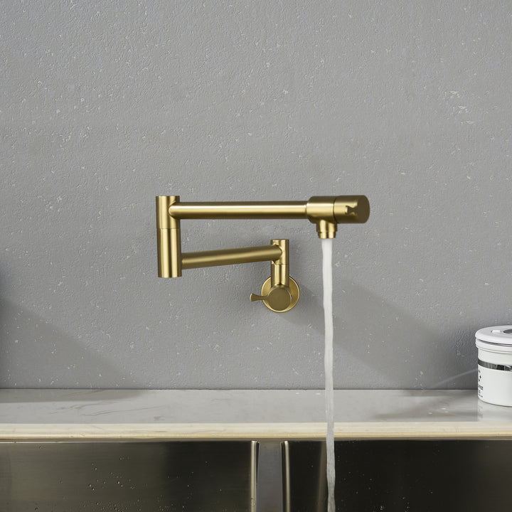 Pot Filler Kitchen Faucet with Lever Handles, Wall Mount Swing Arm Folding Pot Filler Faucet, Brass Construction, Golden Brushed