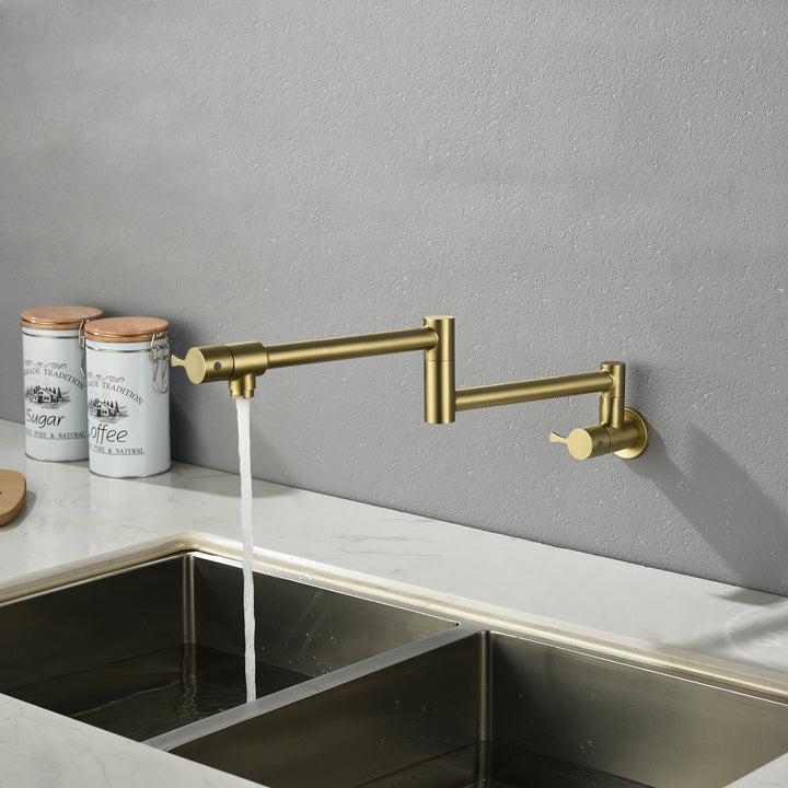 Pot Filler Kitchen Faucet with Lever Handles, Wall Mount Swing Arm Folding Pot Filler Faucet, Brass Construction, Golden Brushed