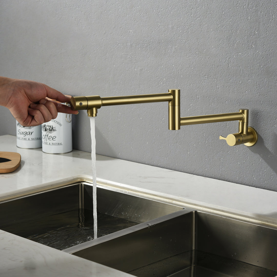 Pot Filler Kitchen Faucet with Lever Handles, Wall Mount Swing Arm Folding Pot Filler Faucet, Brass Construction, Golden Brushed