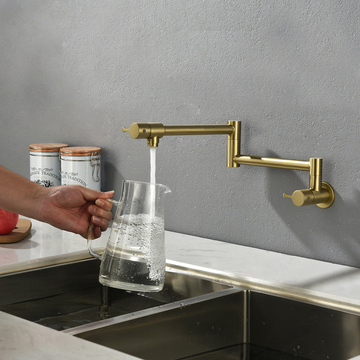 Pot Filler Kitchen Faucet with Lever Handles, Wall Mount Swing Arm Folding Pot Filler Faucet, Brass Construction, Golden Brushed