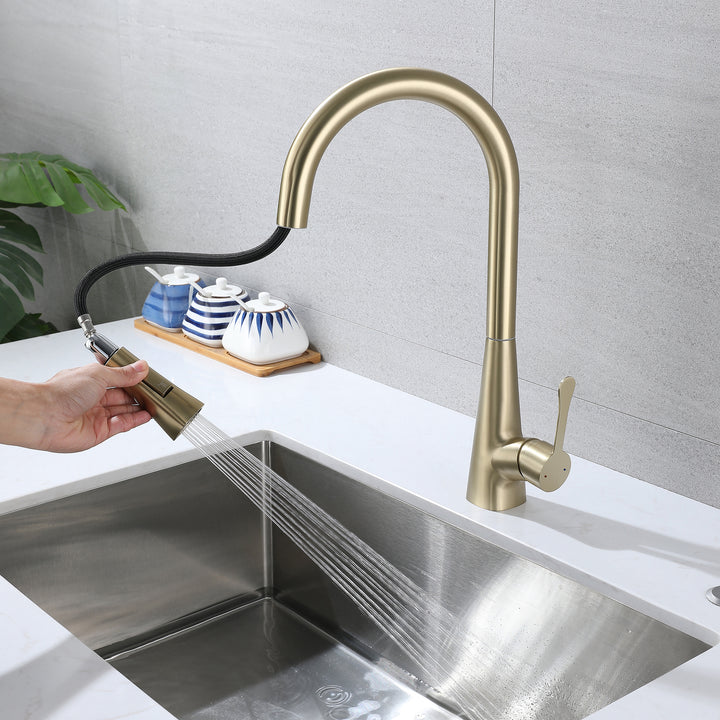 Kitchen Faucet with Pull Down Sprayer, High Arc Kitchen Sink Faucet, Pull Out Kitchen Faucet, Golden Brushed
