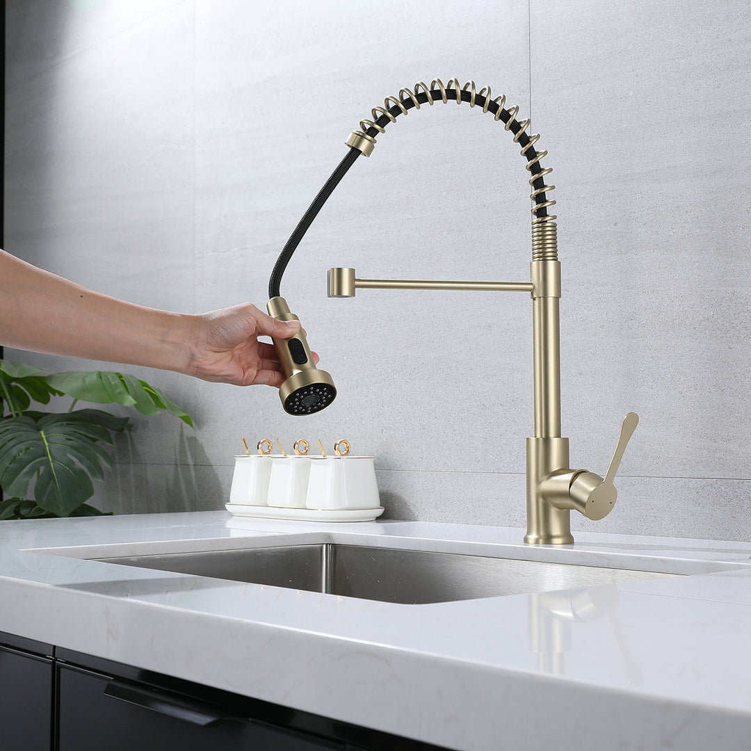 Kitchen Faucets with Pull Down Sprayer, Single Handle Kitchen Sink Faucets, Pull Out Spring Kitchen Faucet, Golden Brushed