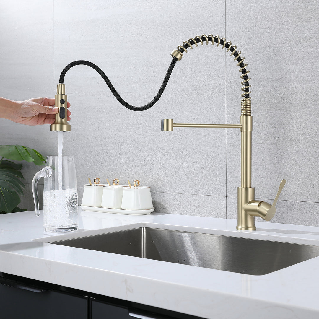 Kitchen Faucets with Pull Down Sprayer, Single Handle Kitchen Sink Faucets, Pull Out Spring Kitchen Faucet, Golden Brushed