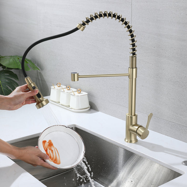 Kitchen Faucets with Pull Down Sprayer, Single Handle Kitchen Sink Faucets, Pull Out Spring Kitchen Faucet, Golden Brushed