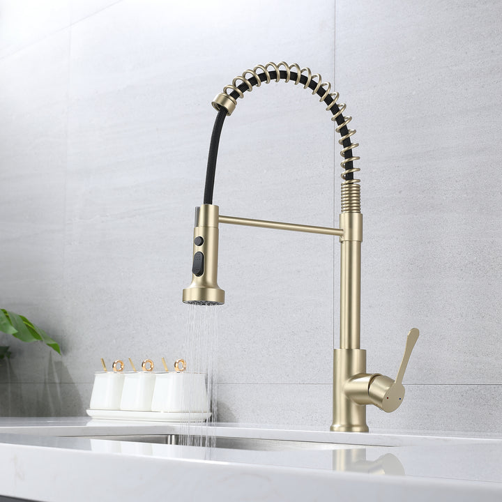 Kitchen Faucets with Pull Down Sprayer, Single Handle Kitchen Sink Faucets, Pull Out Spring Kitchen Faucet, Golden Brushed