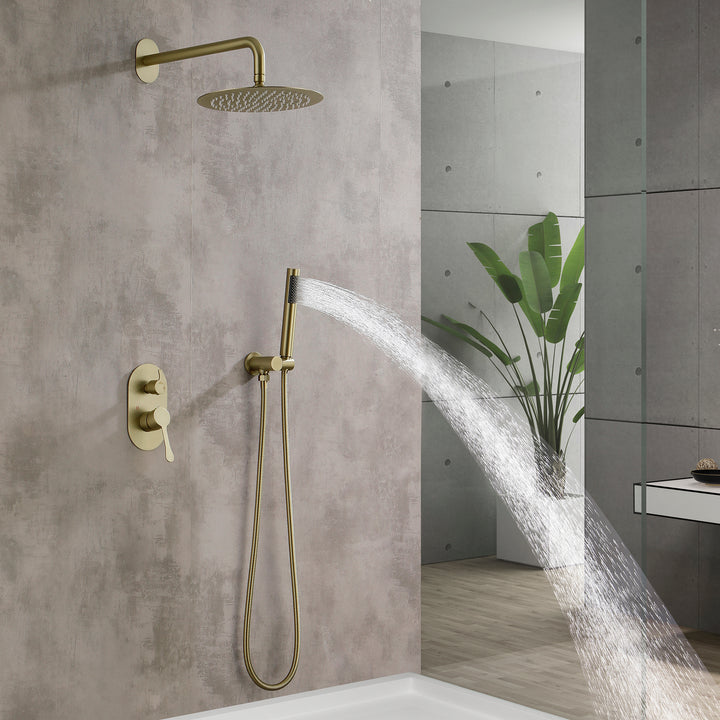 10 Inch Shower System Shower Combo Set Wall Mount Bathroom Faucets with Rainfall Shower Head and Hand Shower Golden Brushed