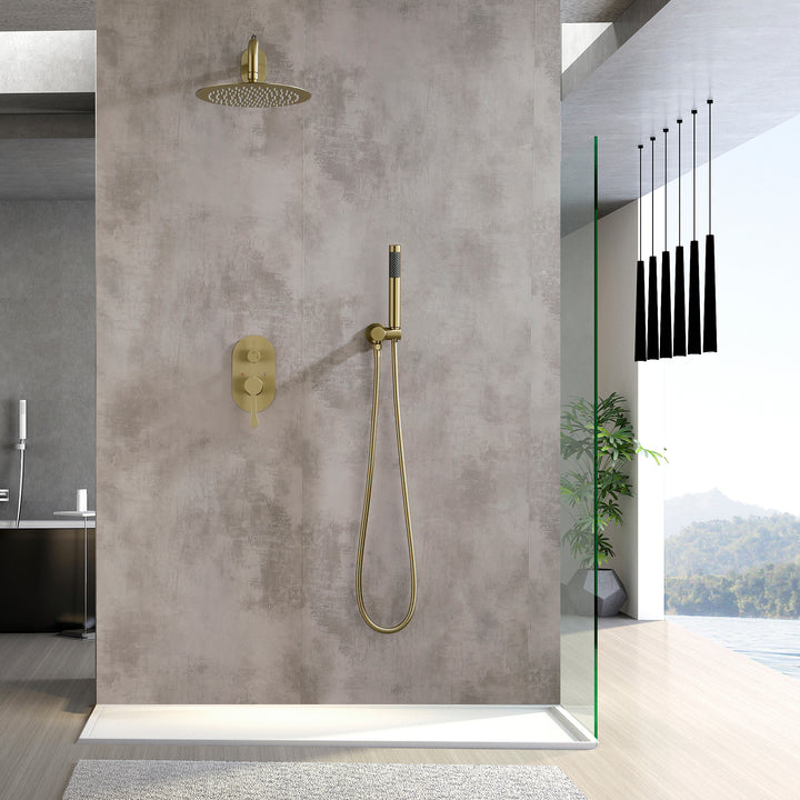 10 Inch Shower System Shower Combo Set Wall Mount Bathroom Faucets with Rainfall Shower Head and Hand Shower Golden Brushed