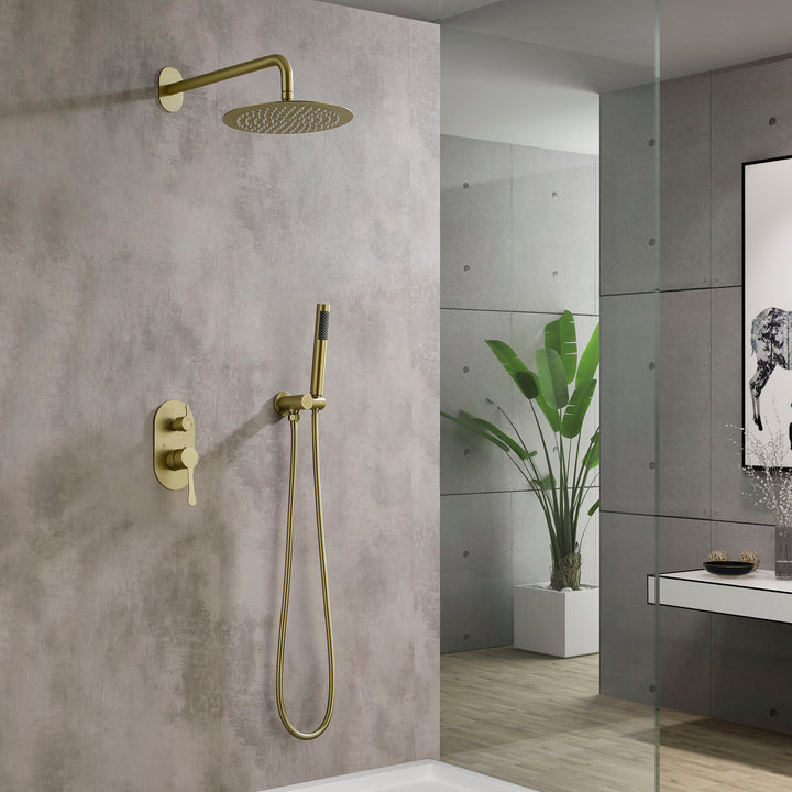 10 Inch Shower System Shower Combo Set Wall Mount Bathroom Faucets with Rainfall Shower Head and Hand Shower Golden Brushed