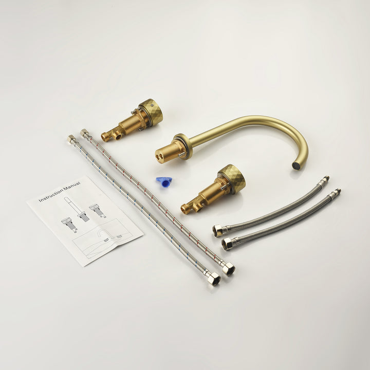 Bathroom Sink Faucet with 2 Handles, Bathroom Tap Mixer Faucet, Deck Mounted Solid Brass Bathroom Faucet, Golden Brushed