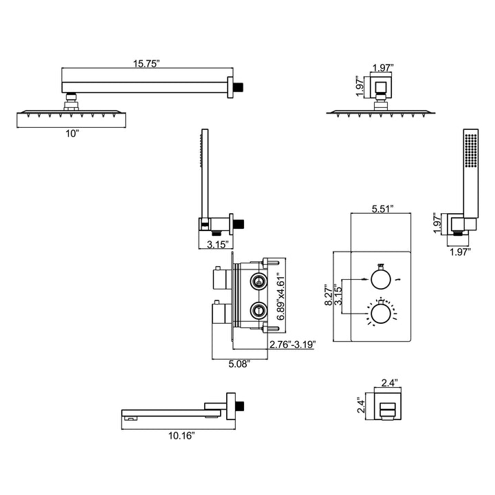 10 inch Wall Mounted Matte Black Thermostatic Shower System With Tub Spout