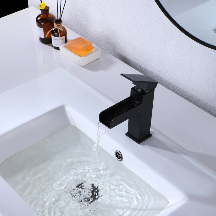 Single Handle Single Hole Bathroom Faucet with Deckplate Included and Wide Mouth in Matte Black