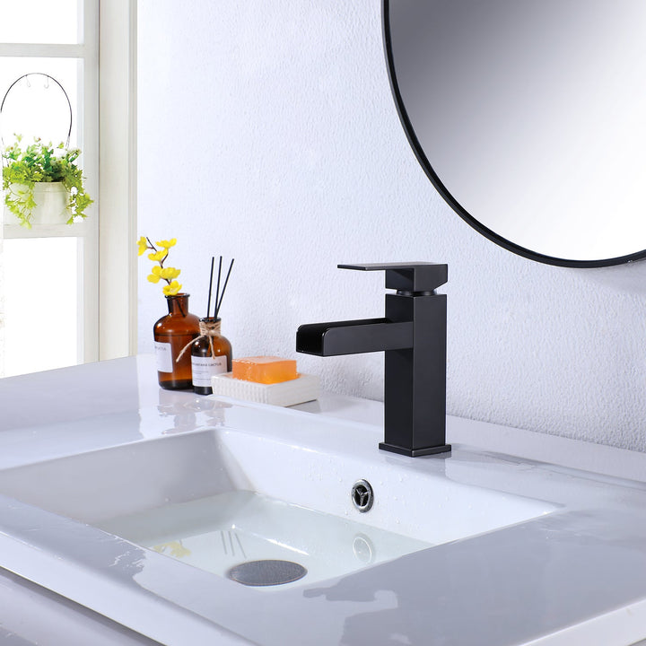 Single Handle Single Hole Bathroom Faucet with Deckplate Included and Wide Mouth in Matte Black