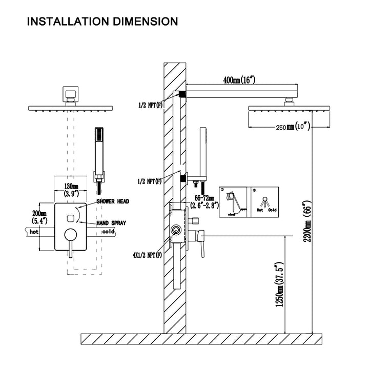 10-in Rain Shower Head Wall Mount Dual Head Waterfall Built-In Shower System