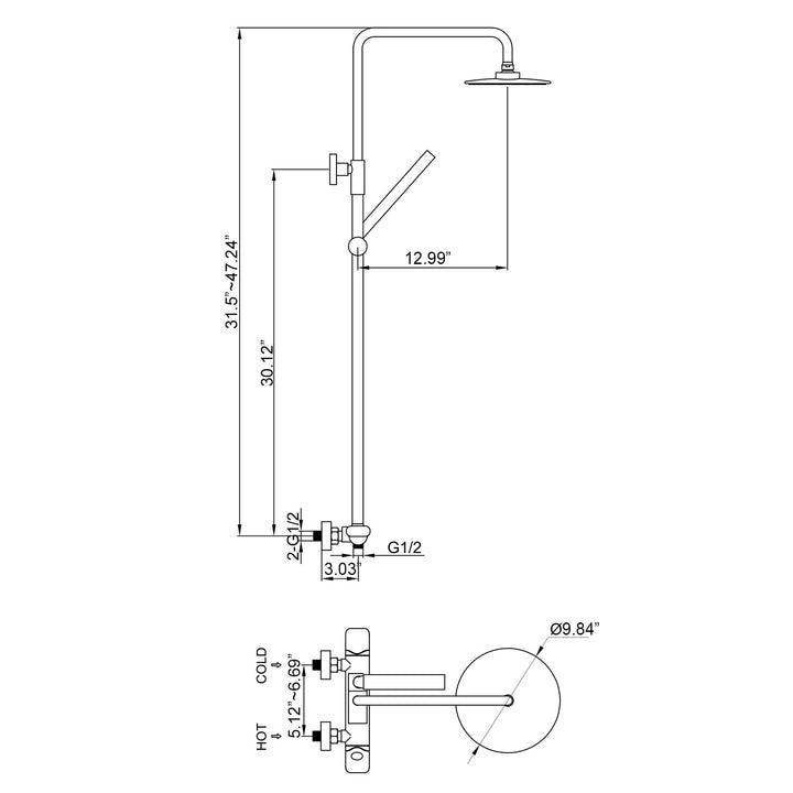 10 inch 2-Function Thermostatic Exposed Pipe Shower System