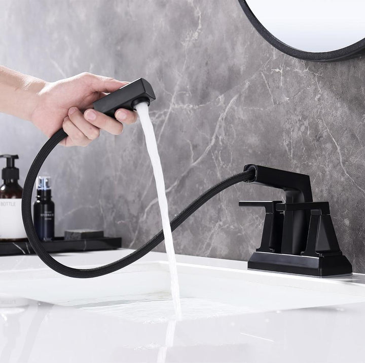 Two-Handle 4" Centerset Matte Black Pull-Out Bathroom Faucet