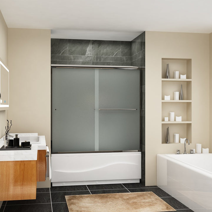 57 in. x 60 in. Semi-Frameless Double Sliding Door, with Handle Frosted Glass in Chrome