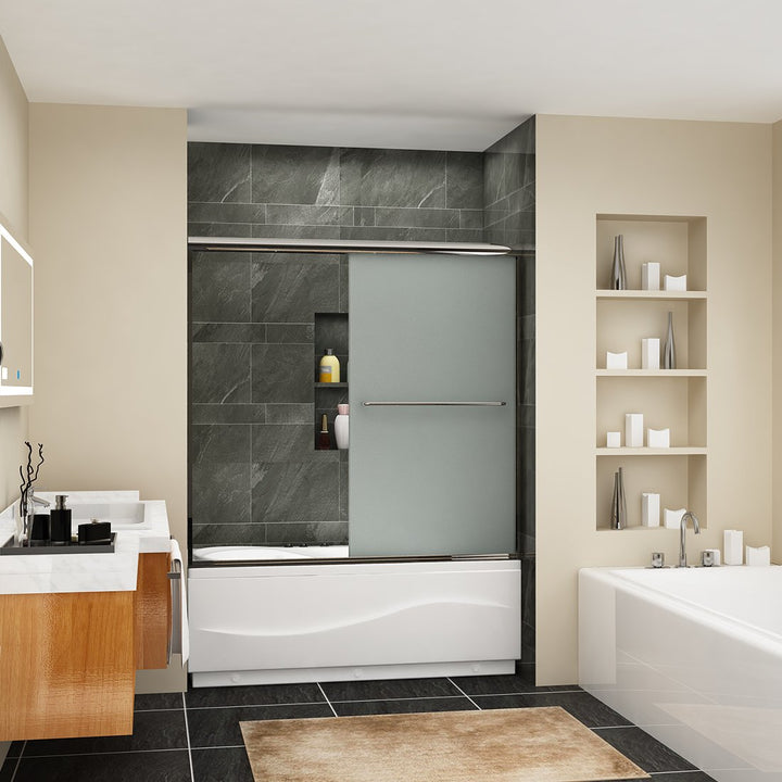 57 in. x 60 in. Semi-Frameless Double Sliding Door, with Handle Frosted Glass in Chrome