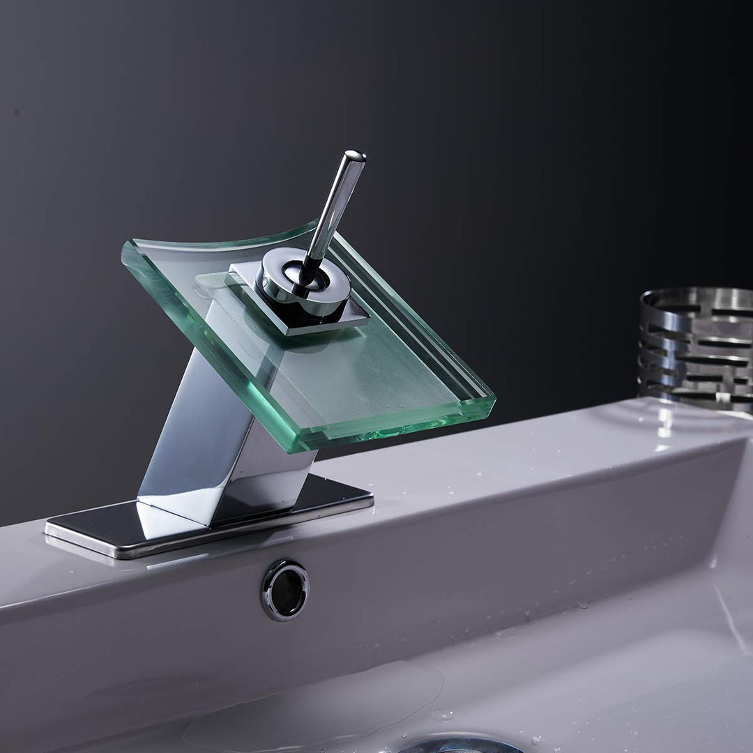 Waterfall Single Hole Single-Handle Low-Arc Bathroom Faucet With Glass Spout In Polished Chrome