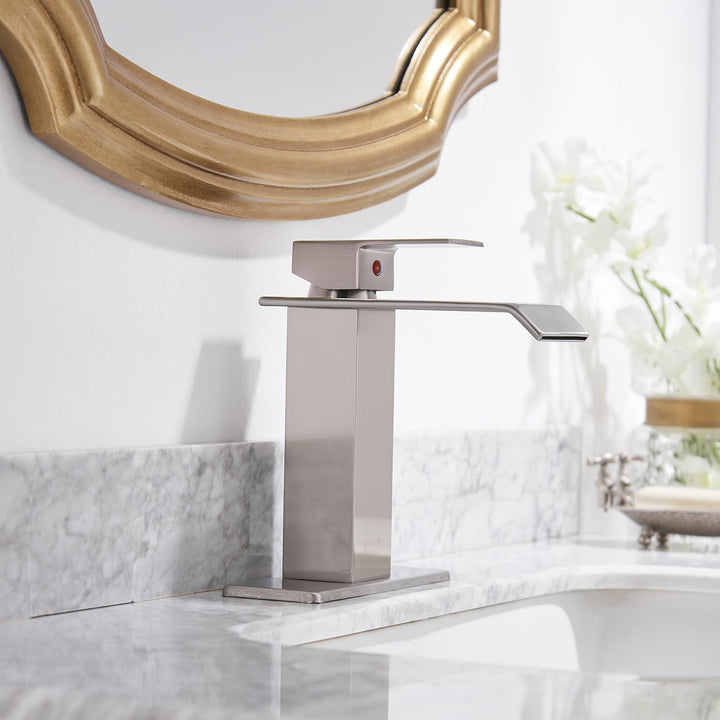 Waterfall Single-Handle Low-Arc Bathroom Faucet With Pop-up Drain Assembly