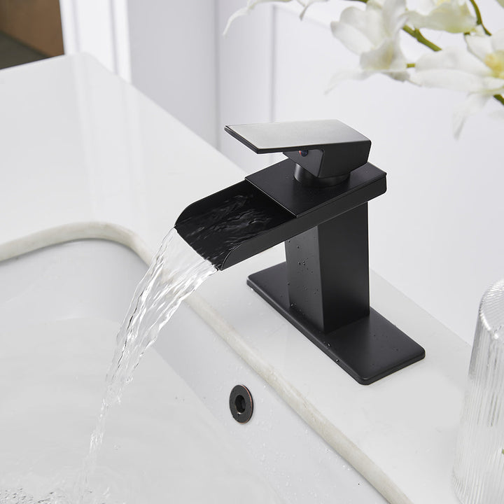 Single-Handle Waterfall Low-Arc Bathroom Faucet With Pop-up Drain Assembly