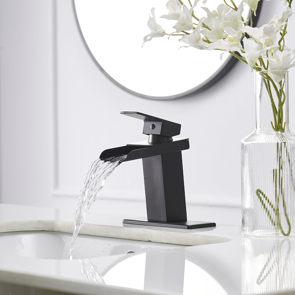 Single-Handle Waterfall Low-Arc Bathroom Faucet With Pop-up Drain Assembly