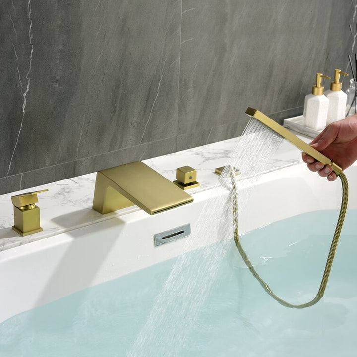 Single-Handle Tub Deck Mount Roman Tub Faucet with Hand Shower and Water Suply Hose in Brushed Gold