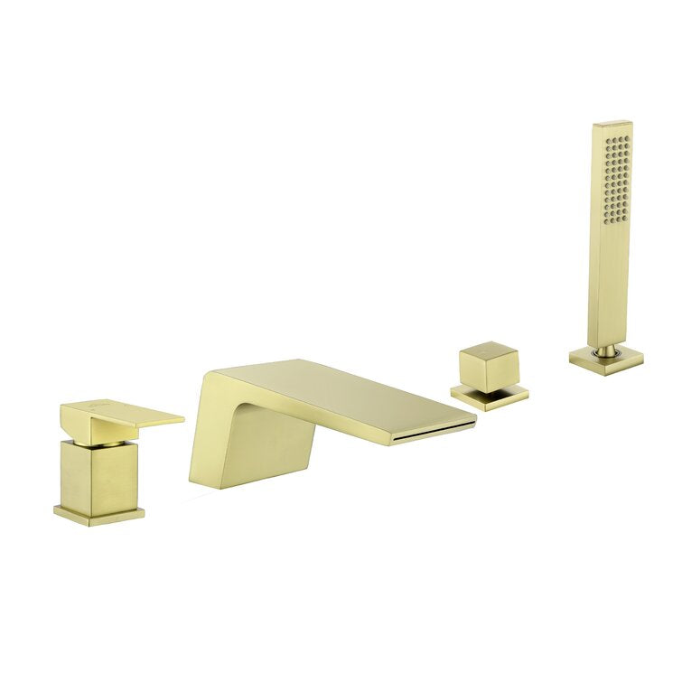 Single-Handle Tub Deck Mount Roman Tub Faucet with Hand Shower and Water Suply Hose in Brushed Gold