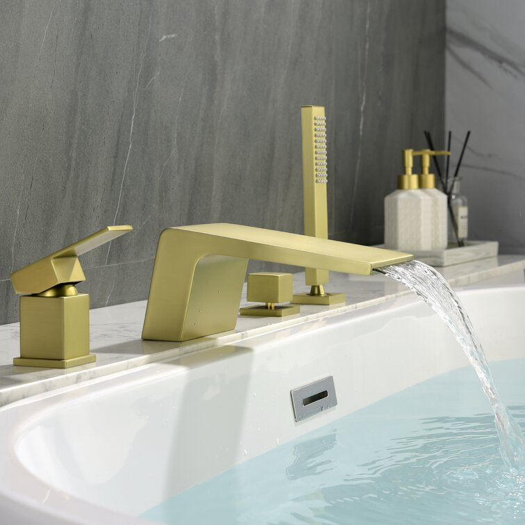 Single-Handle Tub Deck Mount Roman Tub Faucet with Hand Shower and Water Suply Hose in Brushed Gold