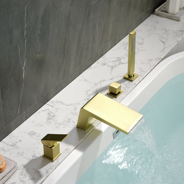 Single-Handle Tub Deck Mount Roman Tub Faucet with Hand Shower and Water Suply Hose in Brushed Gold